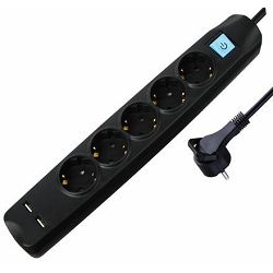 Transmedia 5-way power strip with 2x USB, black, 1,5m