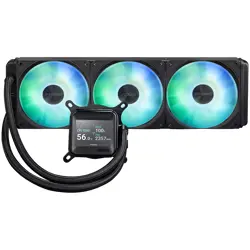 ASUS Prime LC 360 ARGB LCD all-in-one CPU liquid cooler with sharp screen showcasing CPU & GPU information with different background, high-performance Asetek pump armed with robust motor, daisy-chaina